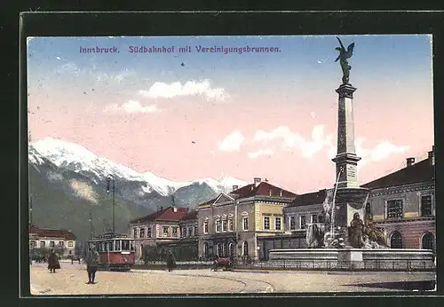AK Innsbruck, Südbahnhof mit Vereinigungsbrunnen