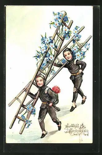 AK Hartelijke Gelukwensch, kleine Schornsteinfeger mit geschmückten Leitern