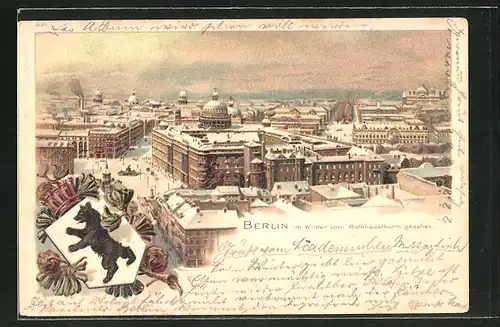 Winter-Lithographie Berlin, Blick auf die Stadt vom Rathausturm, Berliner Wappen