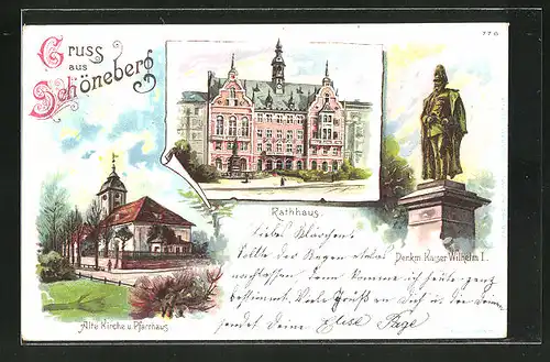 Lithographie Berlin-Schöneberg, Rathaus, Denkmal Kaiser Wilhelm I., alte Kirche und Pfarrhaus