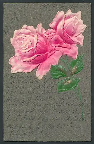 Präge-Airbrush-AK rosa Rosen mit leicht goldenen Blättern