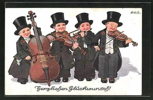 Künstler-AK P. O. Engelhard (P.O.E.): Glückwunschkarte, 4 Kinder in Anzügen spielen Instrumente