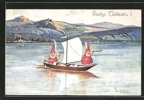 Künstler-AK Hans Boettcher: Zwerge reisen auf einem kleinen Segelboot mit bunten Ostereiern