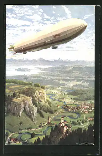 Künstler-AK Zeno Diemer: Zeppelin über der Erde