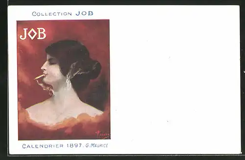 Künstler-AK Reklame für JOB Cigarettenpapier, Calendrier 1897 G. Maurice, rauchende Dame im Profil, Jugendstil