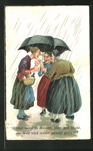 AK frauenfeindlicher Humor, Frauen tratschen auch bei Blitz, Donner und Regen