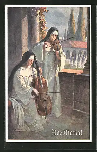 Künstler-AK Adolf (Jodolfi): Ave Maria, Nonnen spielen Chello und Geige