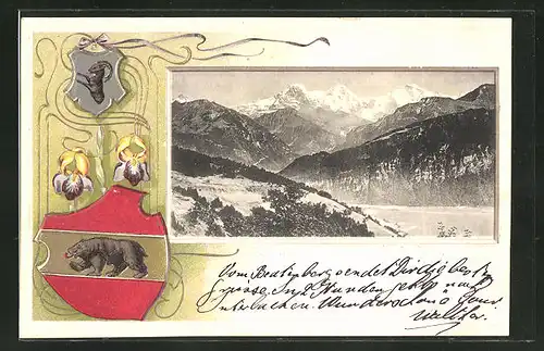 Passepartout-Lithographie St. Beatenberg, Panorama mit Eiger, Mönch u. Jungfrau, Wappen