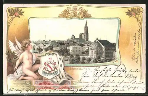 Passepartout-Lithographie Strassburg, Panorama und Putto mit Wappen