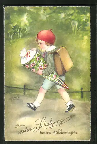 Künstler-AK Hannes Petersen: kleiner Junge mit Schultüte und Ranzen beim ersten Schulgang