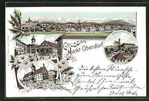 Lithographie Markt Oberdorf, Rathaus m. Kapelle, Schloss & Pfarrkirche, Marktplatz, Totalansicht