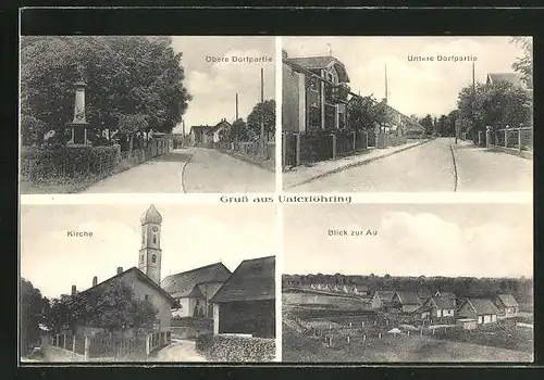 AK Unterföhring, Kirche, Blick zur Au, Untere Dorfpartie & Obere Dorfpartie