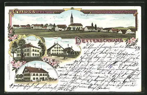 Lithographie Dettenschwang, Gasthaus, Pfarrhof, Forsthaus, Ortsansicht