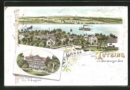 Lithographie Tutzing / Starnberger See, Hotel Seehof, Teilansicht mit Blick über den See