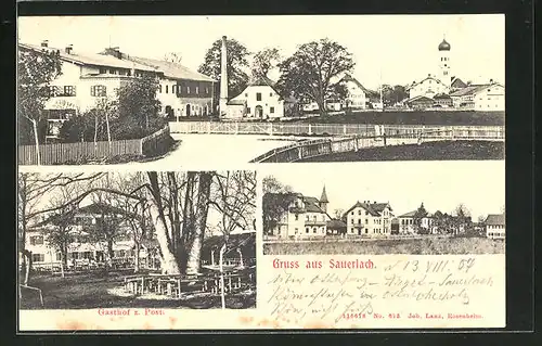 AK Sauerlach, Gasthaus zur Post, Ortspartie mit Blick zur Kirche