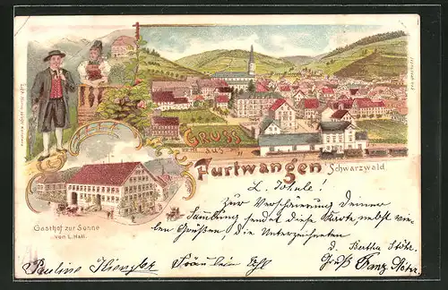 Lithographie Furtwangen / Schwarzwald, Gasthaus zur Sonne von L. Hall, Ortsansicht
