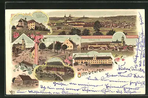 Lithographie Ottobeuren, Brauerei Geiger, Post, Amtsgebäude, Rathaus mit Kriegerdenkmal