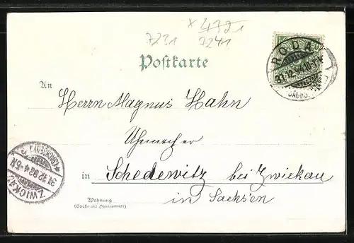 Vorläufer-Lithographie Roda S.-A., 1894, Schützenhaus, Kaiser Wilhelm-Denkmal, Schloss, Schule, Kirche, Genesungshaus
