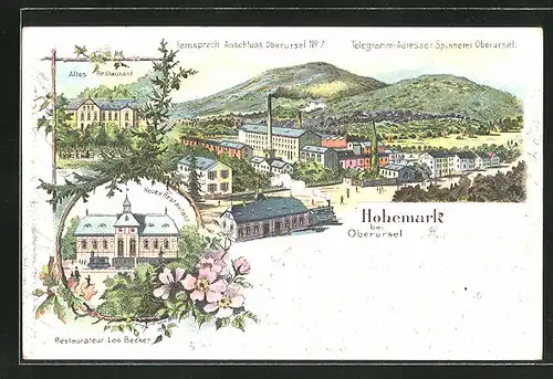 Lithographie Hohemark, Restaurant von Leo Becker, Neues und altes Restaurant, Ortsansicht mit Fabrik