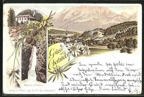 Lithographie Oberaudorf, Brünnsteinhaus, Wasserfall am Tatzelwurm, Panorama