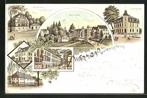 Lithographie Wolkenstein, Lindengarten, Curhaus, Lärchenhof, Badmühle