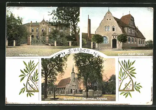 AK Lützen, Teilansicht mit Waisenhaus, Gustav-Adolf-Haus und Denkmal mit Kapelle