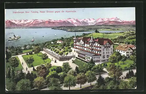 AK Tutzing / Starnberger See, Hotel Simson gegen die Alpenkette