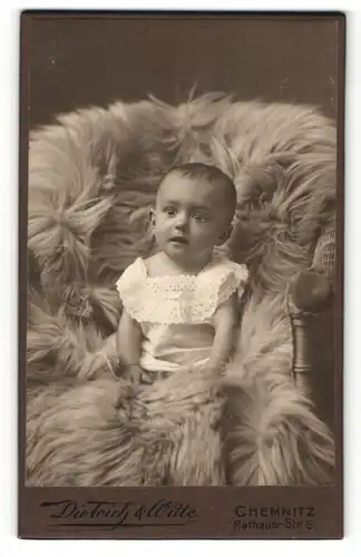 Fotografie Dietrich & Witte, Chemnitz, süss blickendes Kleinkind im weissen Kleidchen auf Felldecke sitzend