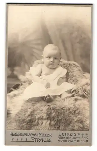 Fotografie Strauss, Leipzig, Kleinkind in weissem Kleid auf Fell sitzend
