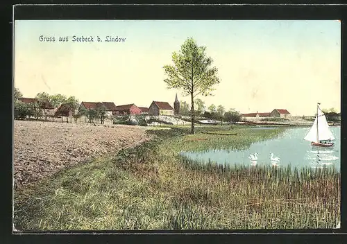 AK Seebeck, Blick vom Seeufer zum Dorf