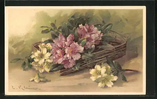 Künstler-AK Catharina Klein: lila & weisse Blumen in einem Korb