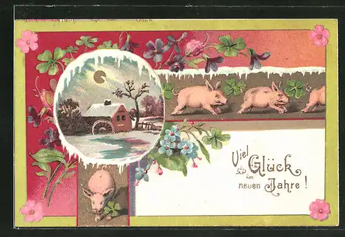 Präge-AK Neujahrsgruss, winterliche Mühle und Schweine mit Klee