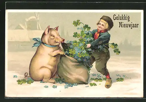 Präge-AK Neujahr, Schwein und Junge mit einem Sack Blumen