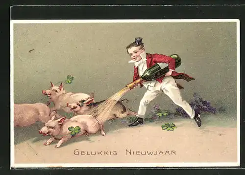 Präge-AK Junge vertreibt vier Schweine mit einer Flasche Sekt