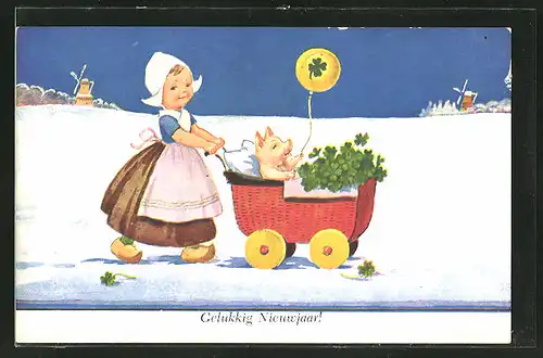 AK Mädchen in holländischer Tracht fährt ein Schwein mit Klee in einem Kinderwagen