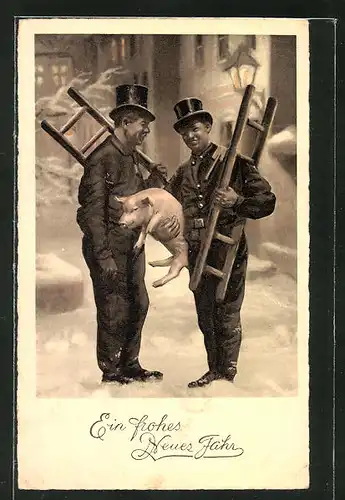 AK Neujahr, zwei Schornsteinfeger mit Leitern und einem Schwein