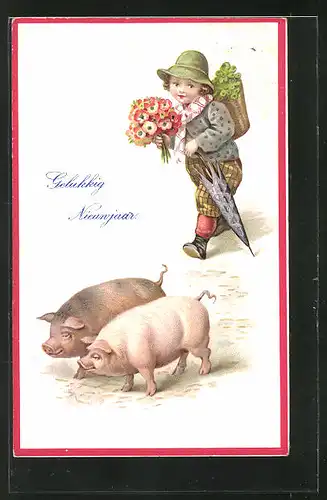 Präge-AK Neujahr, Junge mit Blumenstrauss und zwei Schweinen