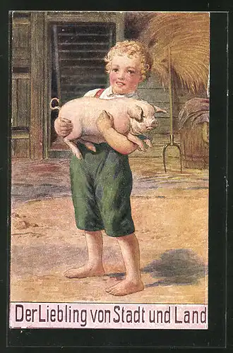 AK Junge mit einem Schwein auf dem Arm
