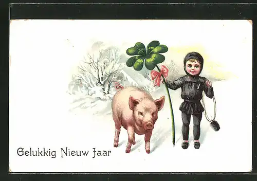 AK Neujahr, Schornsteinfeger mit Glücksschwein