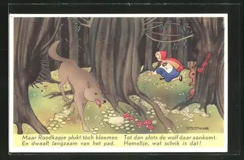 Künstler-AK Willy Schermele: Rotkäppchen im Wald vom Wolf verfolgt