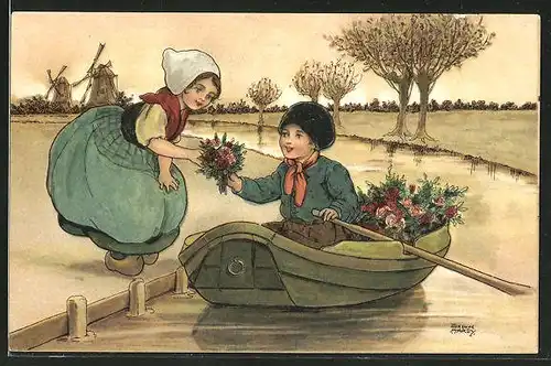 Künstler-AK Florence Hardy: Junge im Ruderboot übergibt einen Blumenstrauss an ein Mädchen