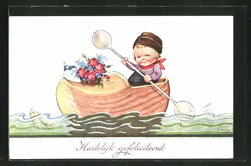 Künstler-AK John Wills: Kind mit Blumenkorb im Ruderboot