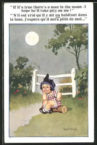 Künstler-AK Donald McGill: Kleinkind bei Mondschein auf einem Holz sitzrnd