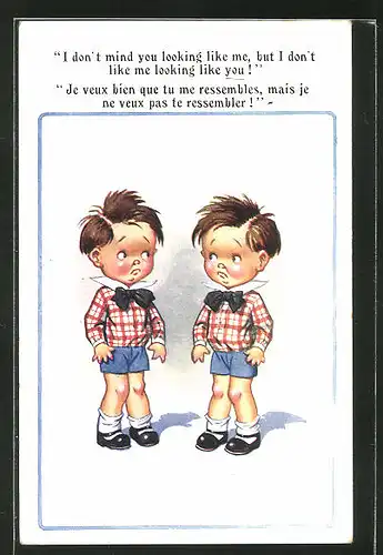 Künstler-AK Donald McGill: Zwei gleich gekleidete Jungen als Zwillinge