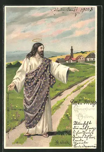 Künstler-AK Alfred Mailick: Gesegnete Ostern, Jesus auf einem Weg vom Ort kommend