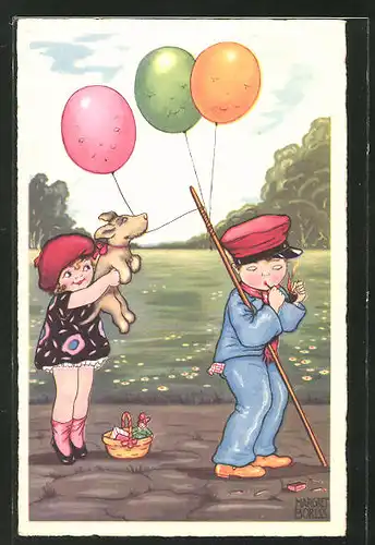 Künstler-AK Margret Boriss: Mädchen mit Hund und Junge mit Luftballons