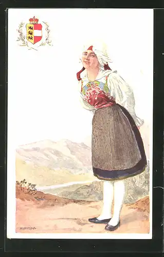 Künstler-AK Adolf Karpellus: junge Frau in Tracht im Gebirge mit Wappen