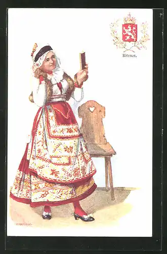 Künstler-AK Adolf Karpellus: junge Frau in Tracht, Wappen von Böhmen