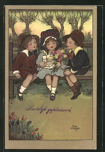 Künstler-AK Florence Hardy: zwei Jungen und ein Mädchen mit Geschenken auf einer Bank sitzend