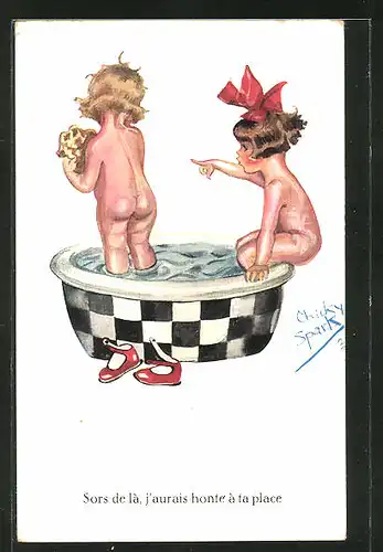 Künstler-AK Chicky Spark: Zwei Kinder nackt in der Badewanne